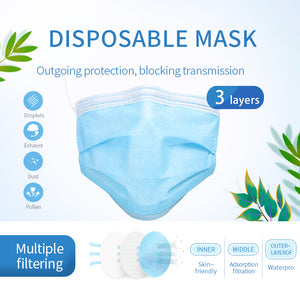 50pcs 3 Ply Disposable Face Masks Elastic Earloop